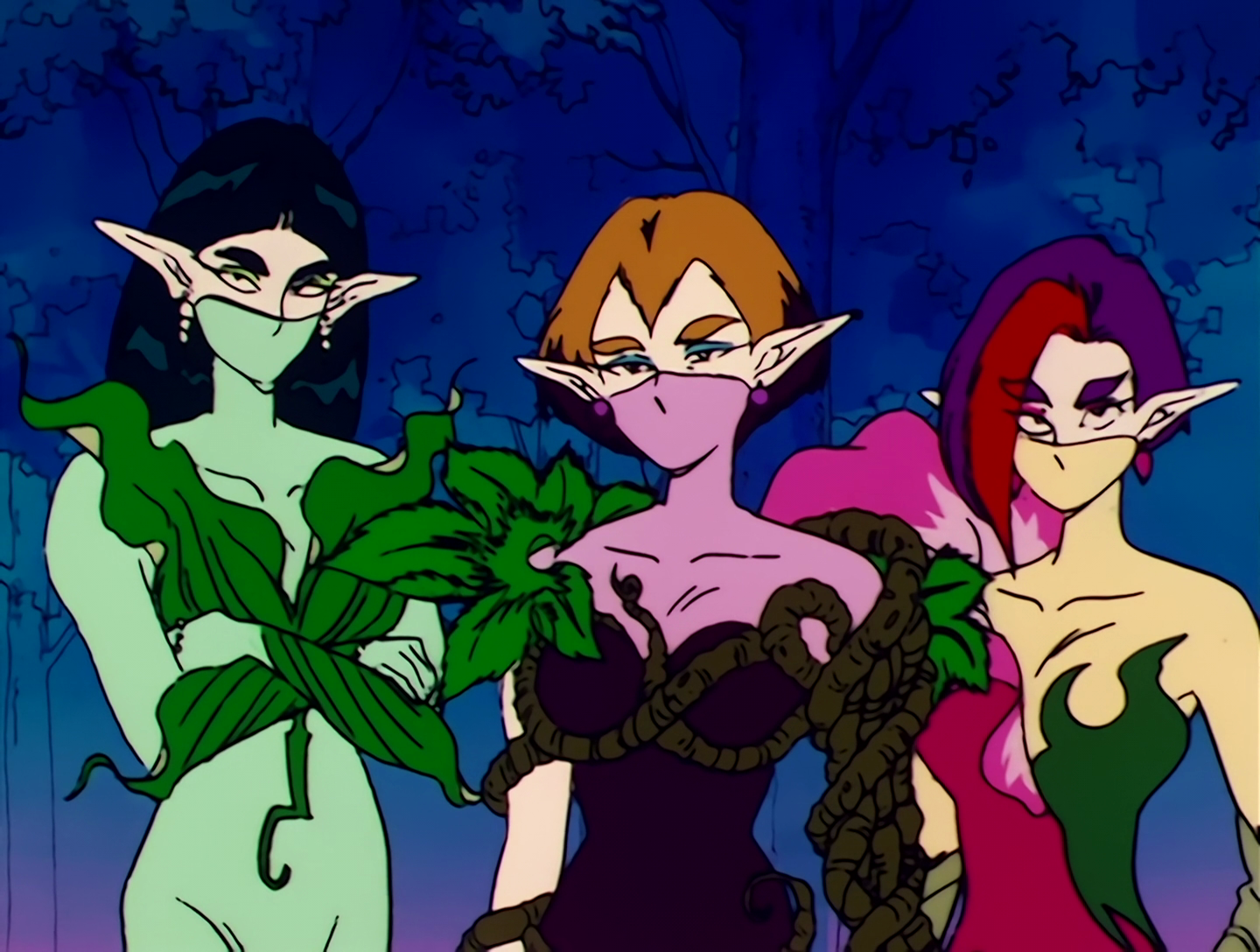 Suzuran, Grape and Housenka, Youma from Sailor Moon episode 24. These are three girls, all with pale skin and wearing similar outfits with leafy accents and masks covering their mouths. On the left is Suzuran, who has long black hair and a light green outfit. In the middle is Grape, with shorter brown hair and a purple and lilac outfit. Then on the right there’s Housenka, with purple and red hair and a magenta, green and yellow outfit.